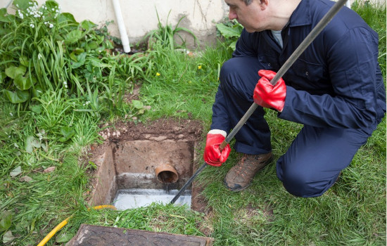 Bouchon loin dans la canalisation, plombier professionnel Artisan Bruno utilise un furet manuel pour le débouchage