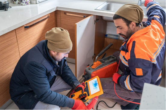 Plombier professionnel utilise une caméra d'inspection pour détecter un bouchon loin dans une canalisation