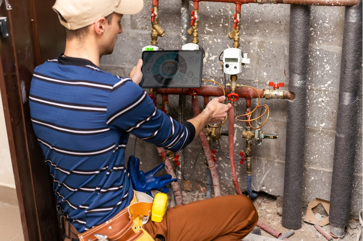 Détection d'une fuite d'eau par un plombier professionnel à l'aide d'un appareil électronique