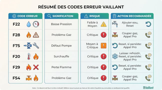 Résumé des codes d'erreur sur chaudière Vaillant