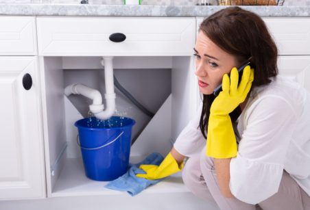 Femme appelle en urgence un plombier pour une fuite d'eau sous son évier